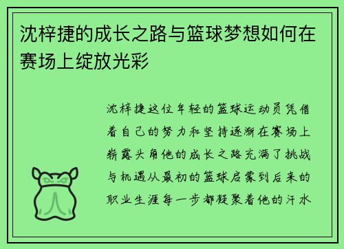 沈梓捷的成长之路与篮球梦想如何在赛场上绽放光彩